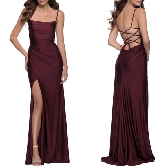NEW La Femme 29710 Ruched Bodice Low Strappy Back Gown in Dark Berry Sz.… - Picture 1 of 3